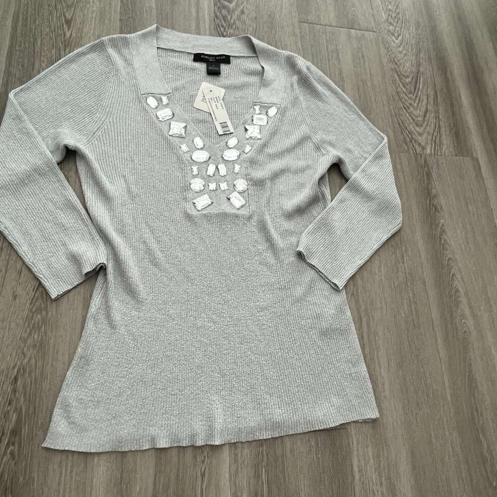 August Silk Knit Silver Jeweled Sweater Sz Large NWT